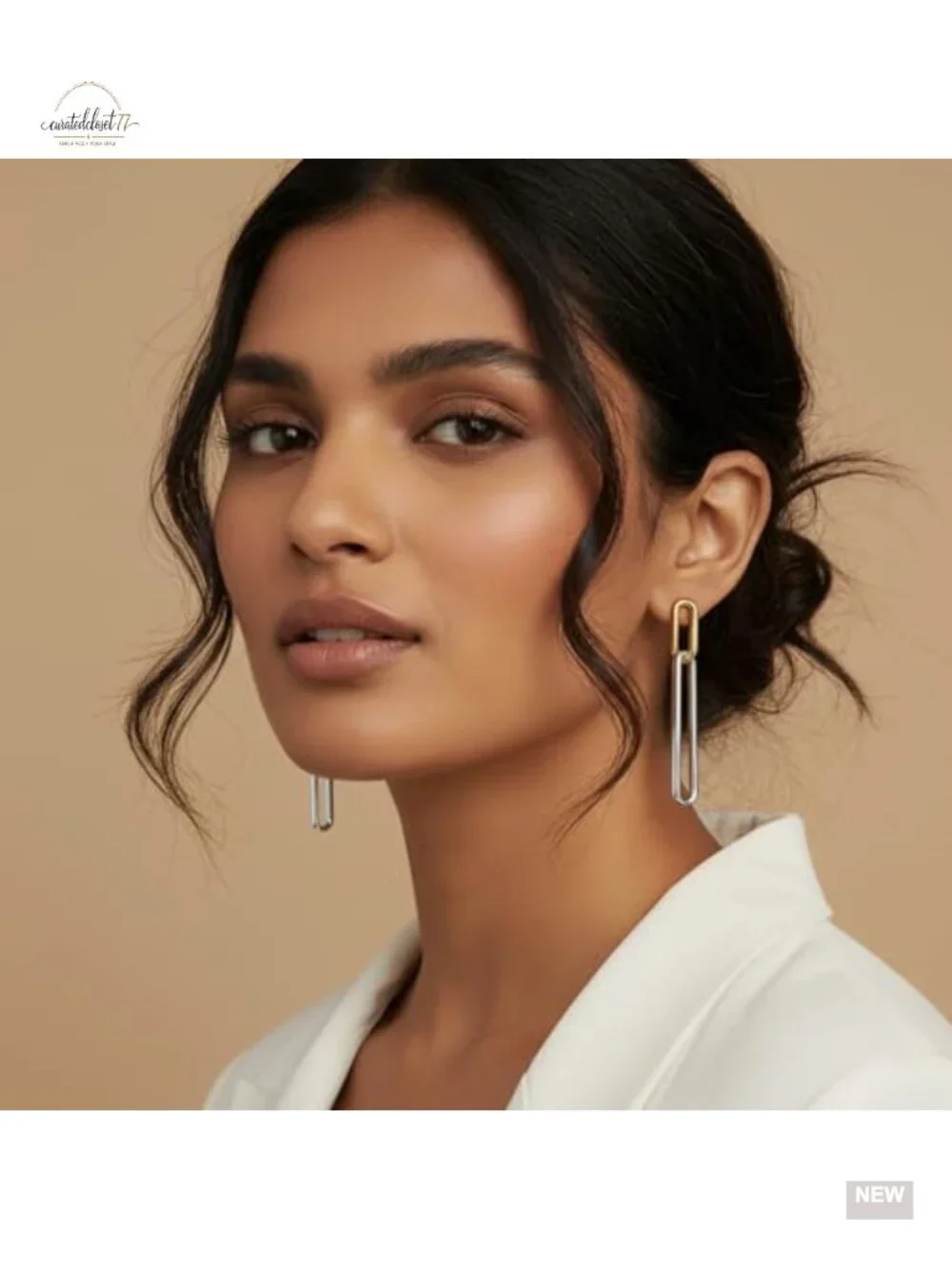 Geometric Link Dangle Earrings with Lever Back - Hypoallergenic Brass